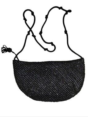 Vintage Walborg Black Beaded Sparkle Crossbody Bag Rope Strap Evening Clutch
